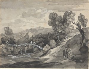 Metsäinen ylänkömaisema ja silta tekijältä Thomas Gainsborough