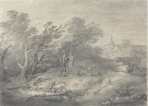 Metsä lähellä kylää, jossa on kaninpyörittäjät ja heidän vinttikoiransa tekijältä Thomas Gainsborough