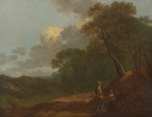 Metsäinen maisema, jossa mies puhuu kahdelle istuvalle naiselle tekijältä Thomas Gainsborough RA