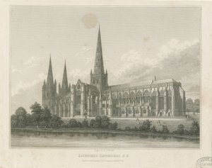 Lichfieldin katedraali - Kaakkoisnäkymä: kaiverrus, nd [c 1833] (tulostus) tekijältä Thomas George Lomax