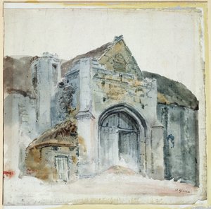 The Tithe Barn, Abbotsbury (akvarelli paperille) tekijältä Thomas Girtin