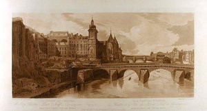 Näkymä Pont au Changelle, kaupunginteatteriin, Pont Neufille, Conciergerien vankilaan jne. Pont Notre-Damelta nähtynä tekijältä Thomas Girtin