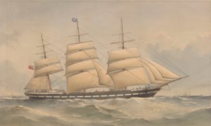 Purjelaiva Aurora merellä, noin 1868-74 (litografia, värillinen).