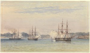 Kiinan sota 1857, kolme HM:n laivaa pommittaa ja laivaveneet rannikolla. tekijältä Thomas Goldsworth Dutton