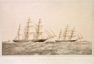 The Great China Race: Clipper-alukset "Taeping" ja "Ariel" ohittavat Lizardin 6. syyskuuta 1866 kotimatkallaan Foo-Chow-Foosta. tekijältä Thomas Goldsworth Dutton