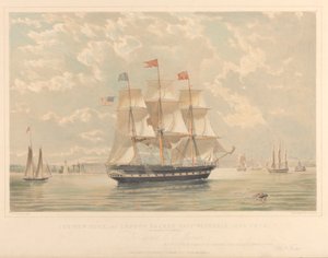 New Yorkin ja Lontoon pakettilaiva Victoria (saapuu New Yorkin satamaan), noin 1839-44 (litografia, värillinen). tekijältä Thomas Goldsworth Dutton