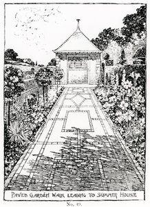 Paved Garden Walk, joka johtaa kesämökkiin, Thomas Mawsonin teoksesta "The Art and Craft of Garden Making", julkaistu 1900