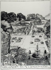 Näkymä puutarhaan, Broad Oak, Accrington, Thomas Mawsonin teoksesta The Art and Craft of Garden Making, julkaistu 1900 (kaiverrus) (m/v kuva)