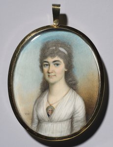 Pienoismallia pukeutuvan naisen muotokuva, c. 1780. tekijältä Thomas Hazlehurst