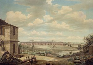Näkymä Antiguan saarelle: Englannin kasarmi ja Pyhän Johanneksen kirkko sairaalasta nähtynä, n. 1775-1776 (wc kynällä ja musteella grafiitin päällä paperilla)