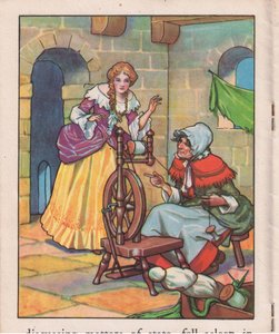 Nukkumassa kehruupyörän ääressä (litografia) tekijältä Thomas Heath Robinson