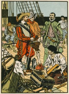 Vangittu aarre. Sir Francis Drake (värilitografia). tekijältä Thomas Heath Robinson