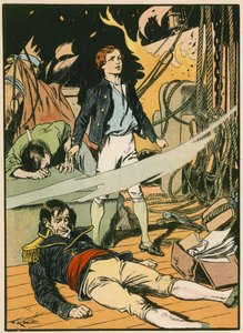 Casabianca palavalla laivalla (värilitografia) tekijältä Thomas Heath Robinson