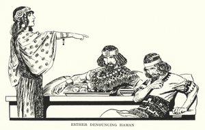 Ester tuomitsee Haamanin (litografia) tekijältä Thomas Heath Robinson