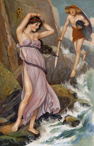 Täynnä sääliä... ...sääliä... Perseus lähestyi ja katsoi neitoa (chromolitho) - tekijältä Thomas Heath Robinson