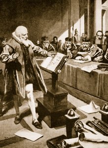 Galileo esiintyy kardinaalien edessä (litografia) tekijältä Thomas Heath Robinson