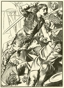 Hereward ja hänen miehensä hyökkäävät normannien kimppuun (kaiverrus) tekijältä Thomas Heath Robinson
