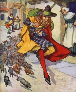 Kuvitus Hamelinin kyyhkysen kujeeseen (värilitografia) tekijältä Thomas Heath Robinson