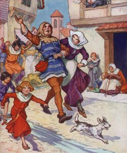 Kuvitus Hamelinin kyyhkynen (värilitografia) tekijältä Thomas Heath Robinson