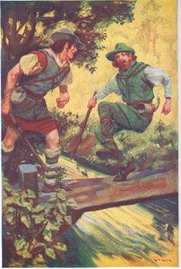 Onnettomalla hetkellä hän liukastui puulautojen päälle (värilitografia). tekijältä Thomas Heath Robinson