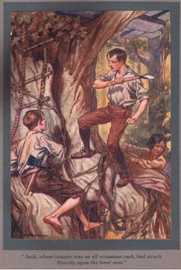 Jack, jonka luonne oli aina äkkipikainen, oli iskenyt raivokkaasti mehiläispesään (värilitho). tekijältä Thomas Heath Robinson