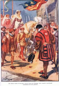 Portin molemmin puolin Gog ja Magog, jotka tekivät syvän kumarruksen kulkiessaan ohi (värilitografia). tekijältä Thomas Heath Robinson