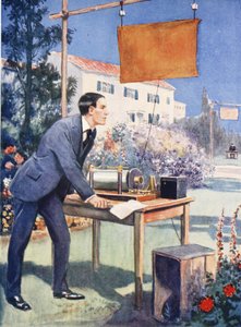 Yksi Marconin varhaisimmista kokeiluista (värilitro). tekijältä Thomas Heath Robinson