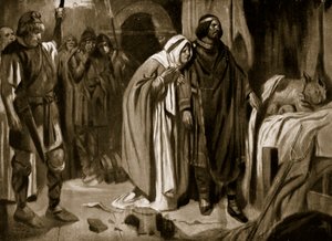 Kuningatar Ethelburga suostuttelee Ine of Wessexin luopumaan kruunusta, 728, kuvitus teoksesta "Hutchinson