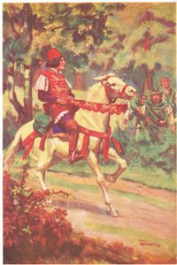 Robin ja hänen seuralaisensa näkivät isäntä Patringtonin ratsastavan heitä kohti (väriliitoskuva). tekijältä Thomas Heath Robinson