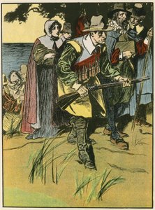 Pyhiinvaeltajaisät saapuvat Uuteen maailmaan (värilitografia) tekijältä Thomas Heath Robinson