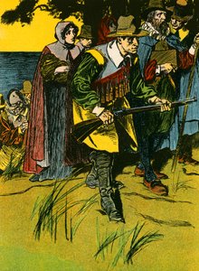 Pyhiinvaeltajaisät saapuvat Uuteen maailmaan (värilitografia) tekijältä Thomas Heath Robinson