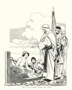 Pietarin, Jaakobin ja Johanneksen kutsuminen (litografia) tekijältä Thomas Heath Robinson