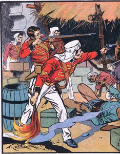 Lehden tuhoaminen Delhissä (värilitografia) tekijältä Thomas Heath Robinson