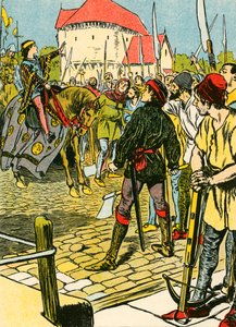 Nuori kuningas Rikhard tukahduttaa kapinan (värilitografia). tekijältä Thomas Heath Robinson