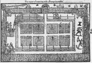Kastelumenetelmä pumpulla ammeessa, teoksesta Puutarhurin labyrintti, 1577. tekijältä Thomas Hill