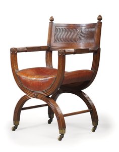 Myöhäinen viktoriaaninen mahonki X-runkoinen nojatuoli, Marsh, Jones & Cribb, Thomas Hopen suunnittelemana, n. 1880 (mahonki)