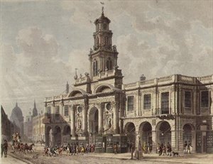 Näkymä Royal Exchangesta, Cornhill, kaiverrus Daniel Havell (1785-1826), pub. 1816, Ackermannin "Taidevarasto" (akvatinta)