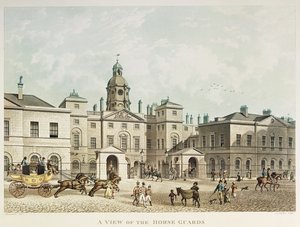 J.C Sadlerin kaivertama näkymä Whitehallin hevosvartijoista tekijältä Thomas Hosmer Shepherd