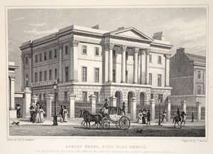 Apsley House, Hyde Park Corner, "Lontoo ja sen ympäristö 1800-luvulla" -pubista. Jones und Co., 1827-1829 tekijältä Thomas Hosmer Shepherd