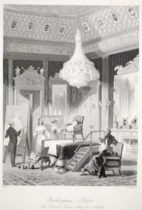 Buckinghamin palatsi - Prinsessa Royal istuu muotokuvaa varten, Lontoon sisätiloista, joissa on heidän puvut ja seremoniat pubi. Joseph Mead, Lontoo, noin 1843, teräskaiverrus. tekijältä Thomas Hosmer Shepherd