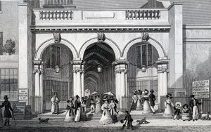 Burlington Arcade, Picadilly, kaiverrettu William Tomblesonilta, 1828. tekijältä Thomas Hosmer Shepherd