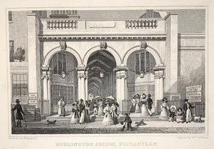 Burlington Arcade, Piccadilly, "Lontoo ja sen ympäristö 1900-luvulla" -pubista. Jones und Co., 1827-1829 tekijältä Thomas Hosmer Shepherd