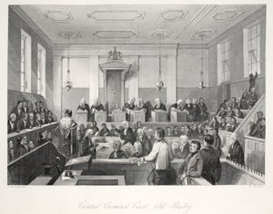 Keskusrikostuomioistuin Old Baileyssa, "London Interiors with their Costumes and Ceremonies" -pubista. Joseph Mead, Lontoo, n. 1843 (teräskaiverrus) tekijältä Thomas Hosmer Shepherd