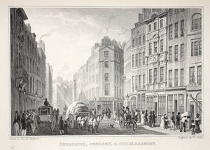 Cheapside, Poultry ja Bucklersbury, "Lontoo ja sen ympäristö 1900-luvulla" -pubista. Jones und Co., 1827-1829 tekijältä Thomas Hosmer Shepherd