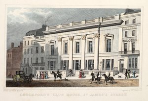 Crockfords Club House, St. James Street. Pub. 1828 (käsinvärinen kaiverrus) tekijältä Thomas Hosmer Shepherd