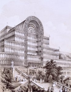 Crystal Palace Sydenhamissa, Suuren Transeptin edessä, vuodelta 1854. tekijältä Thomas Hosmer Shepherd