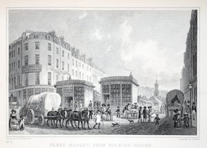 Fleet Street, Holborn Bridgestä, "Lontoo ja sen ympäristö 1800-luvulla" -pubista. Jones und Co., 1827-1829 tekijältä Thomas Hosmer Shepherd