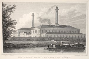 Gas Works, lähellä Regents-kanavaa, "Lontoo ja sen ympäristö 1800-luvulla" -pubista. Jones und Co., 1827-1829 tekijältä Thomas Hosmer Shepherd