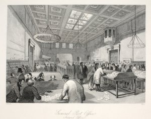 General Post Office, Inland Office, pubista "London Interiors heidän puvuineen ja seremoniaineen". Joseph Mead, Lontoo, n.1843 (teräskaiverrus) tekijältä Thomas Hosmer Shepherd