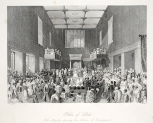 House of Lords, "London Interiors with their Costumes and Ceremonies" -pubista. Joseph Mead, Lontoo, n.1843 (teräskaiverrus) tekijältä Thomas Hosmer Shepherd
